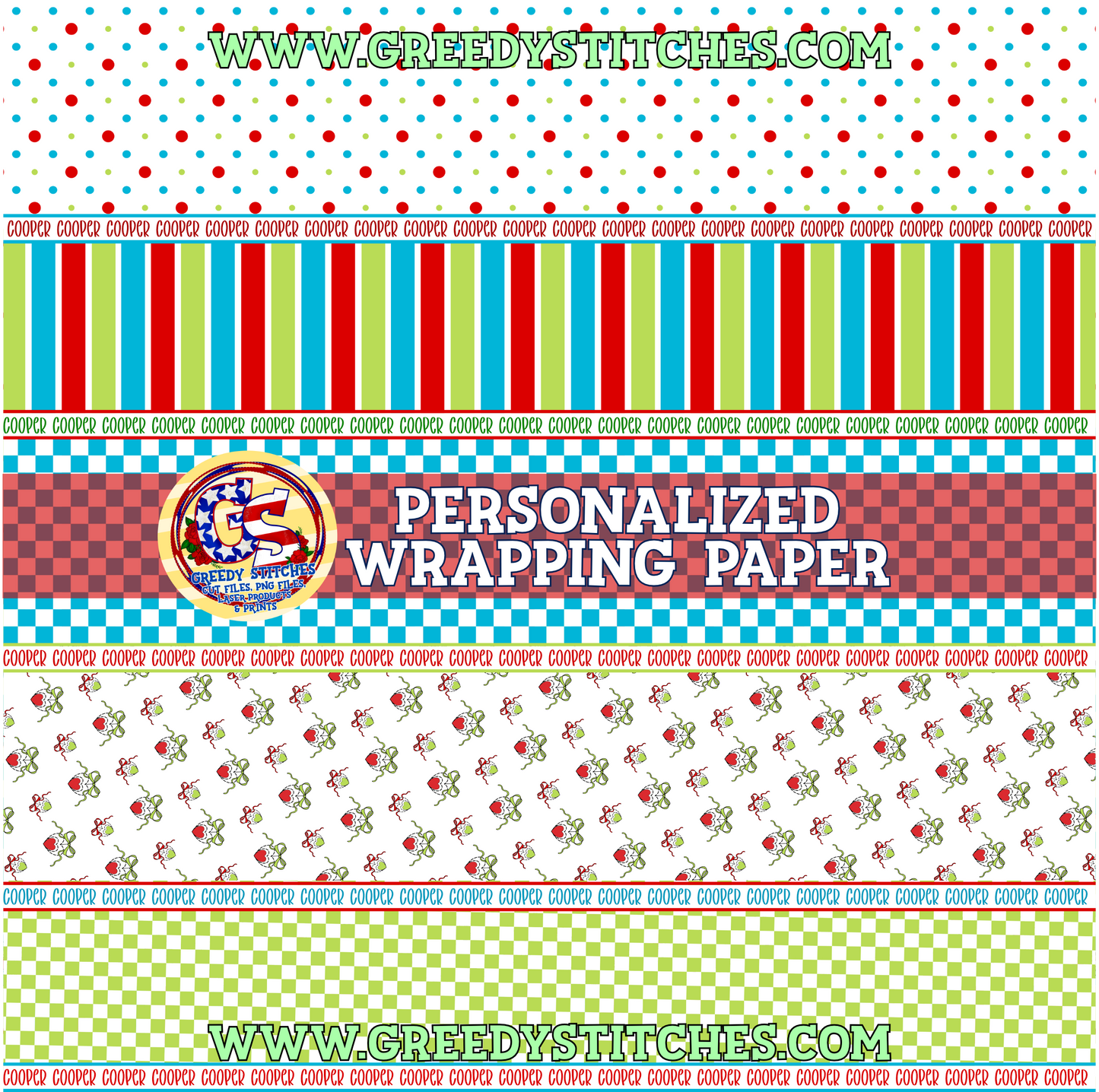 30" Red Green Blue Heart Wrapping Paper