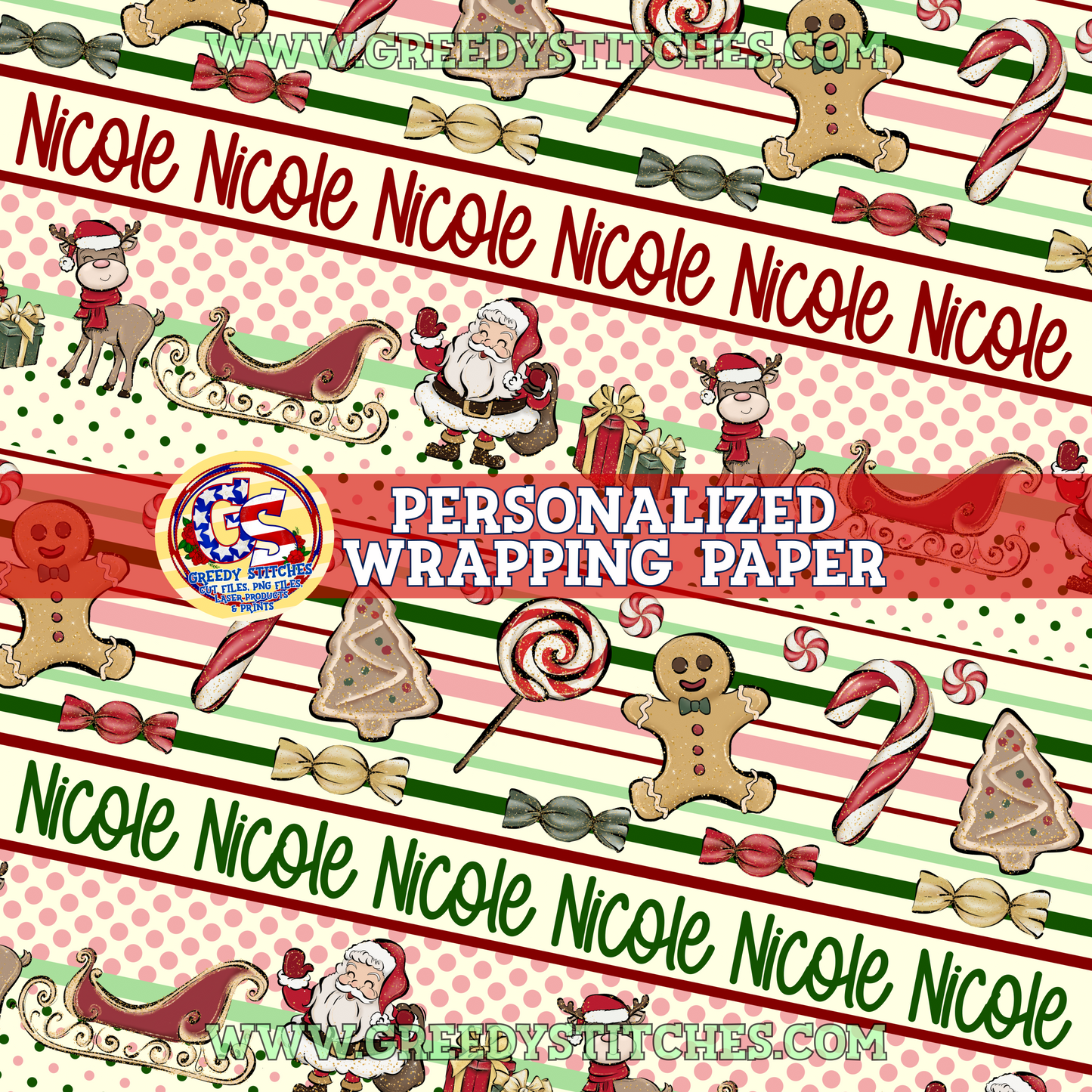 36" Pink & Green Santa Reindeer Candy Personalized Wrapping Paper