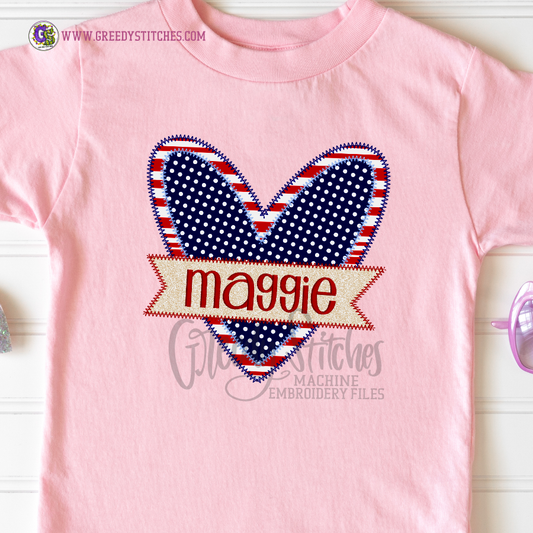 Double Heart with Name Plate Zigzag Applique Machine Embroidery Design