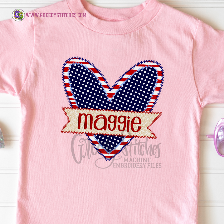 Double Heart with Name Plate Zigzag Applique Machine Embroidery Design