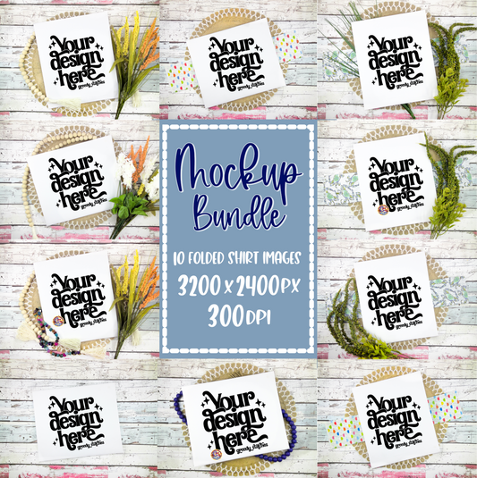 Folded White T Mockup Bundle - 10 JPG & PNG