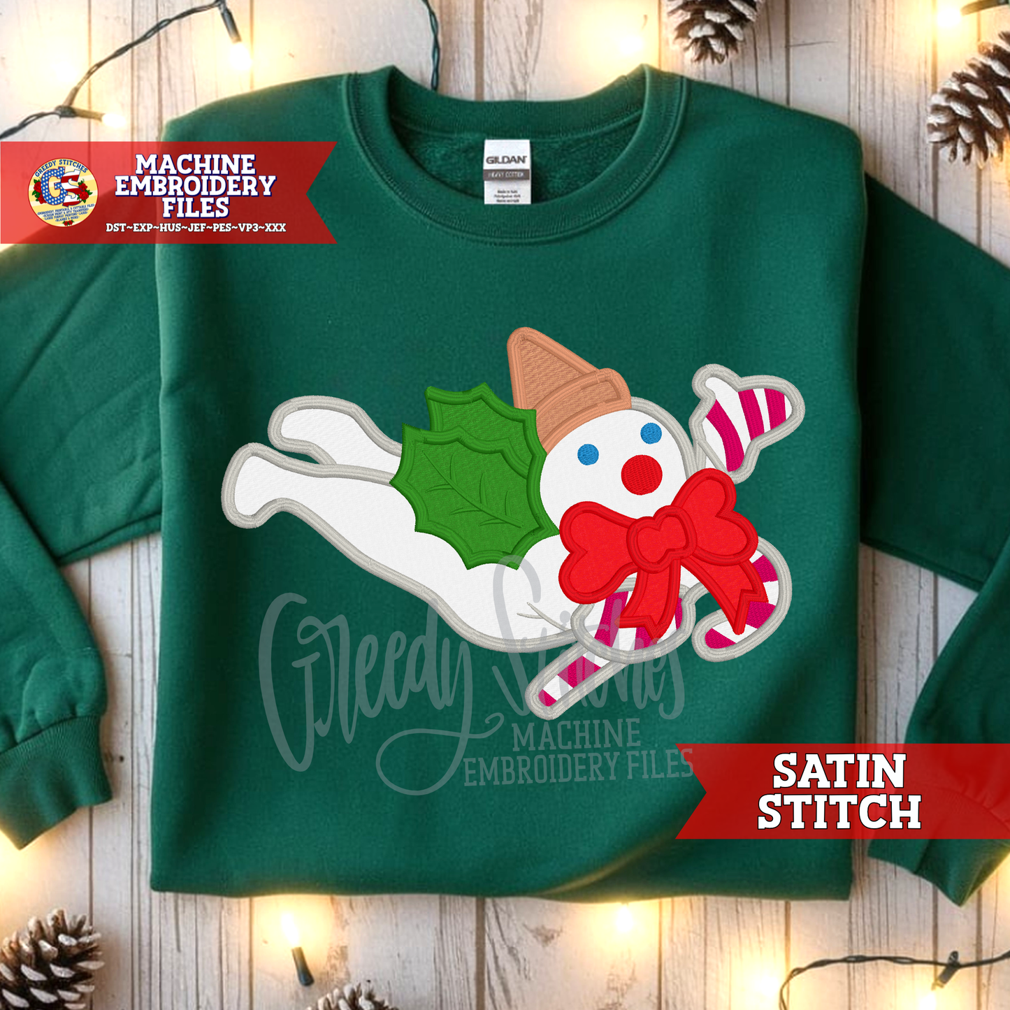 Flying Snowman Satin Stitch Applique Machine Embroidery Design  - New Orleans Christmas Snowman