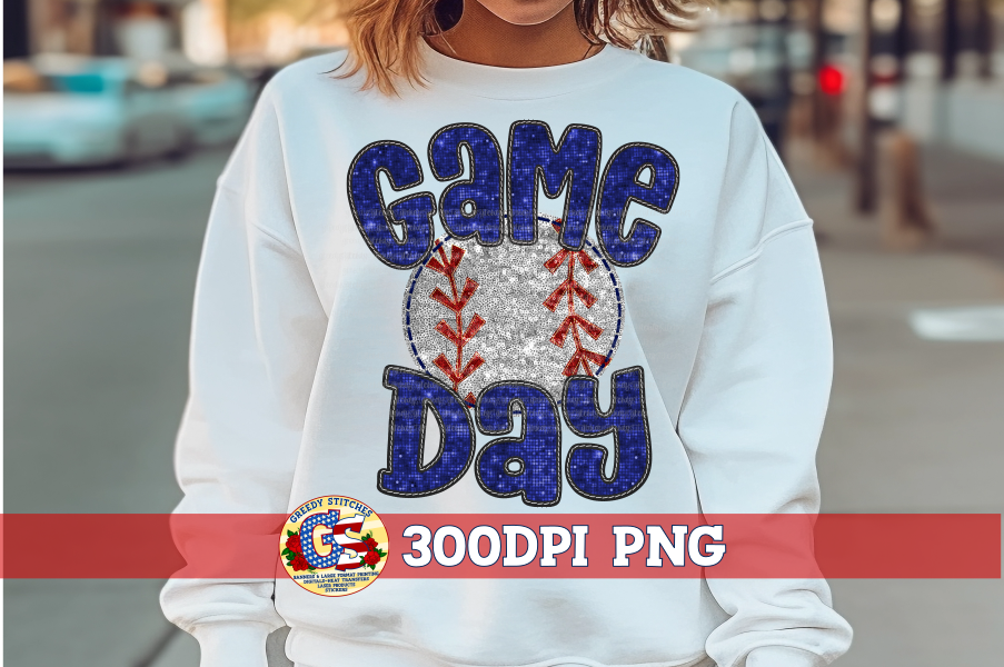 Baseball Game Day Navy Faux Embroidery Sequins PNG