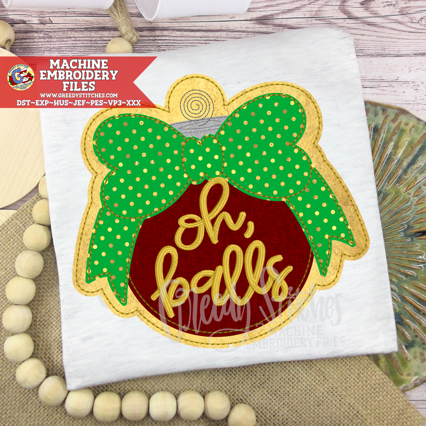 Oh Balls Christmas Ornament Bean Stitch Applique Machine Embroidery Design