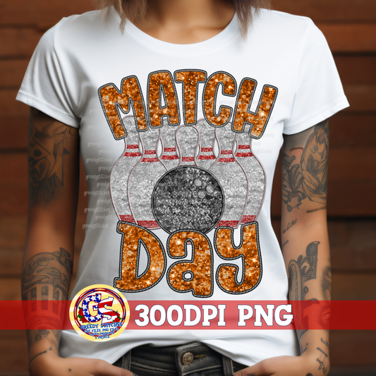 Bowling Match Day Orange Faux Embroidery Sequins PNG for Sublimation