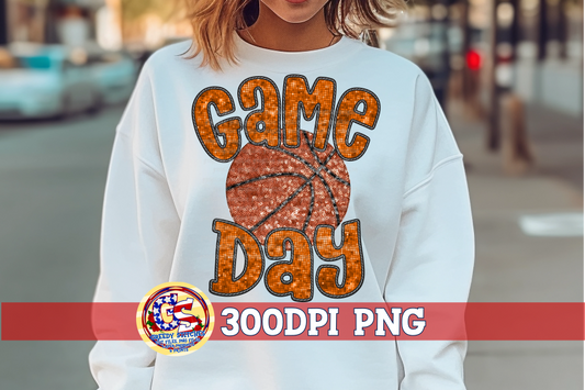 Basketball Game Day Orange Faux Embroidery Sequins PNG