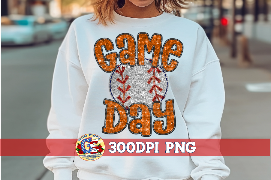 Baseball Game Day Orange Faux Embroidery Sequins PNG