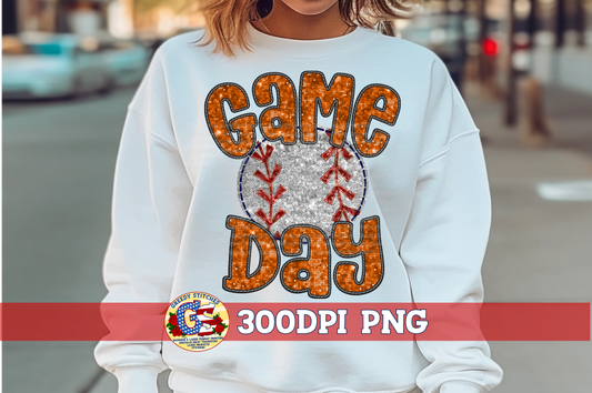 Baseball Game Day Orange Faux Embroidery Sequins PNG