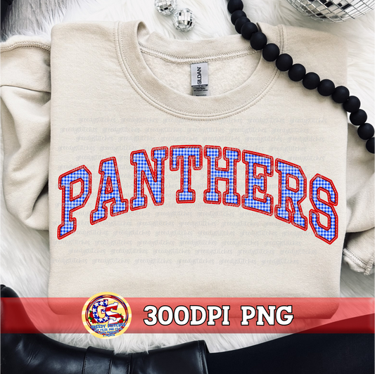 Panthers Gingham Faux Embroidery - Red Royal