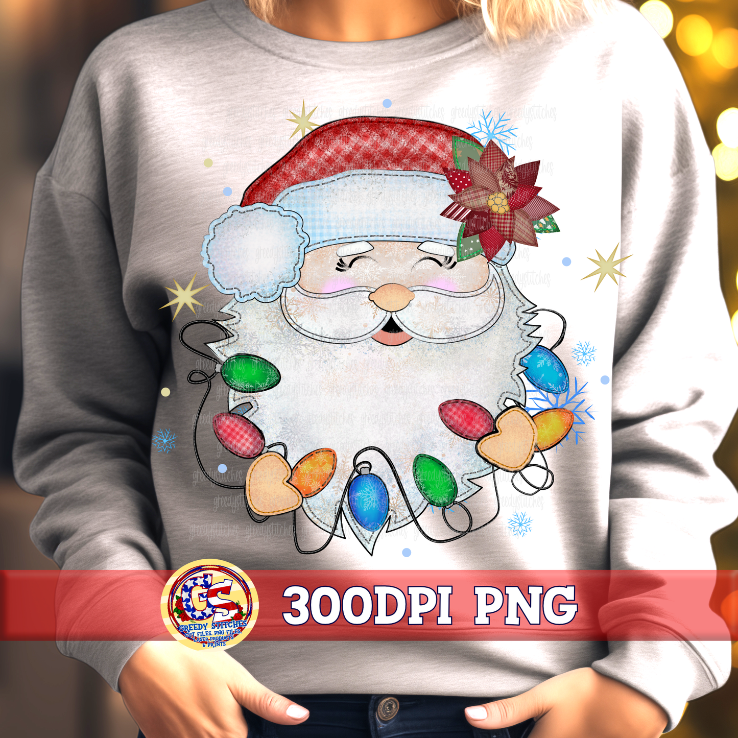 Patchwork Santa with Poinsettia PNG