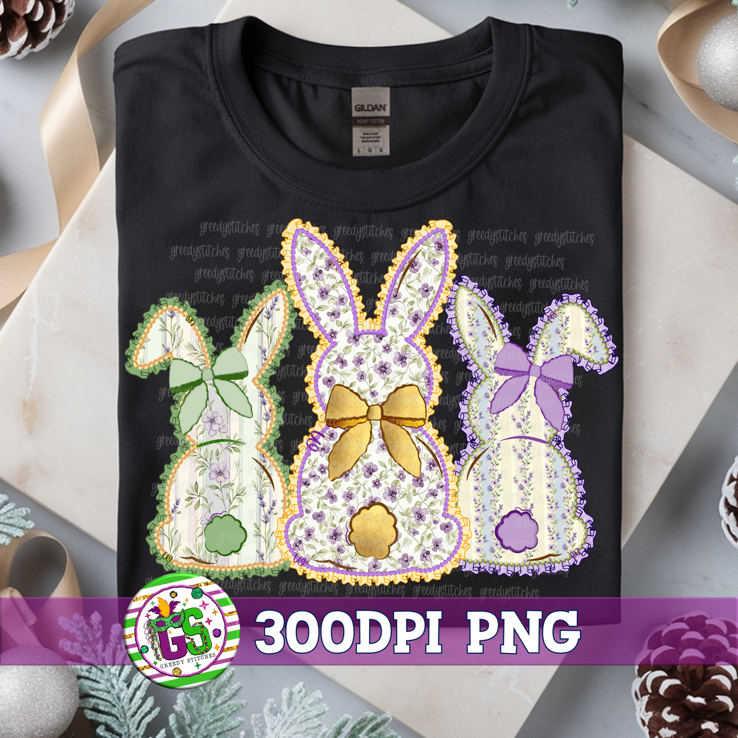 Ruffles and Pearls Bunny Trio PNG - Easter