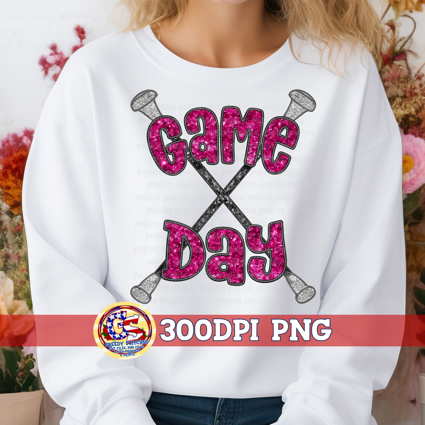 Pink Game Day Batons Faux Embroidery Sequins PNG