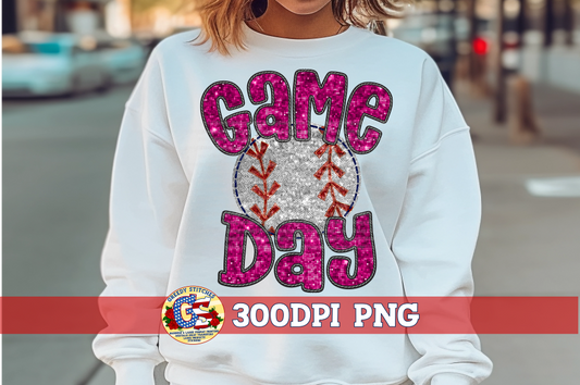 Baseball Game Day Pink Faux Embroidery Sequins PNG