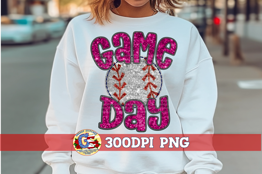 Baseball Game Day Pink Faux Embroidery Sequins PNG