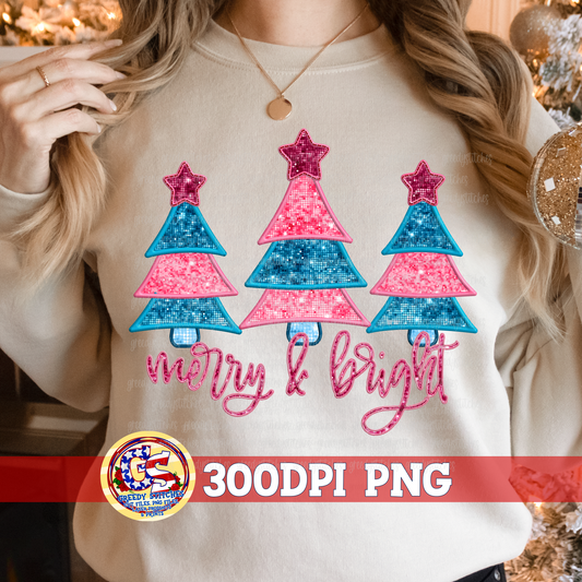 Merry & Bright Christmas Tree Faux Sequin Embroidery PNG Pink and Blue