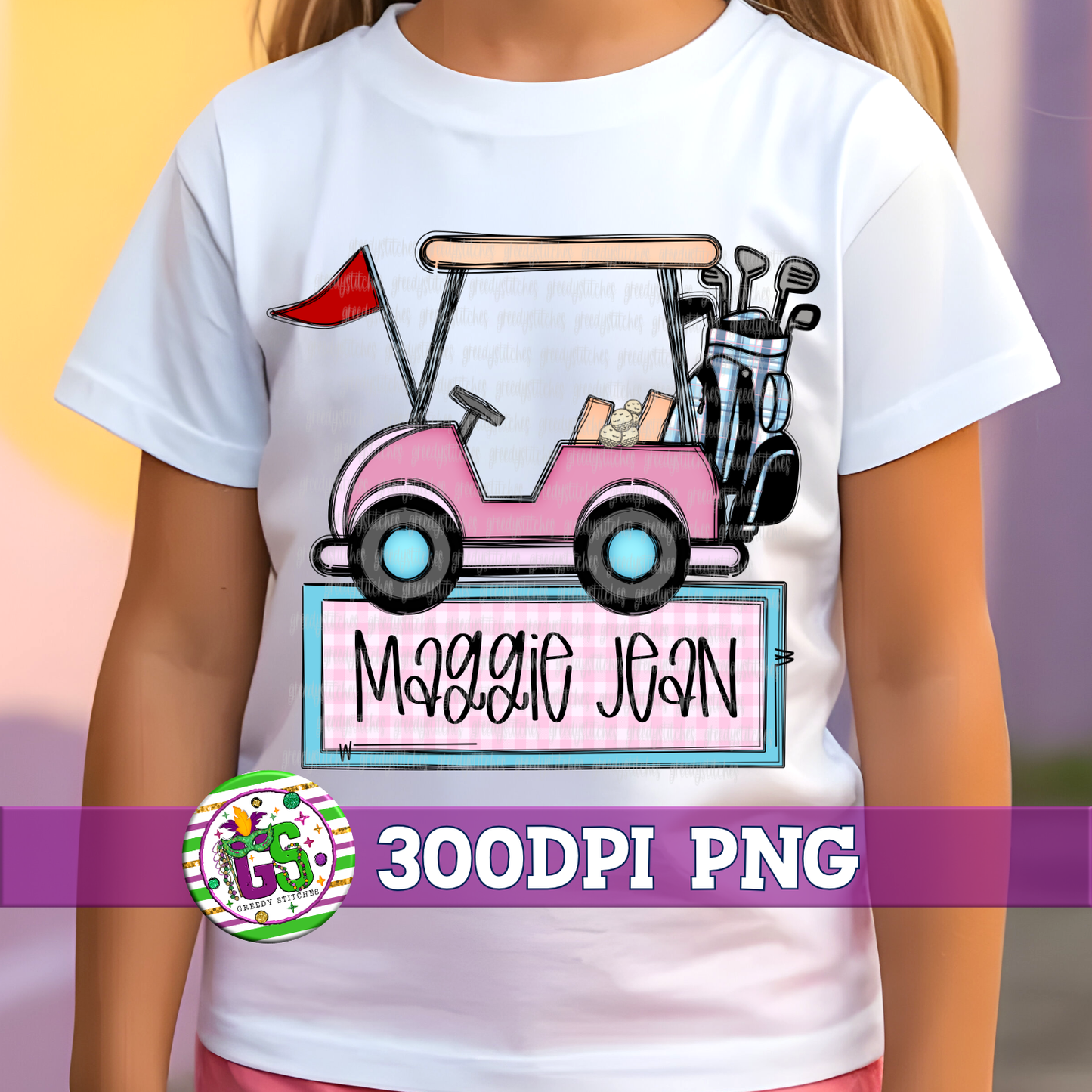 Pink Blue Golf Cart with Name Plate PNG