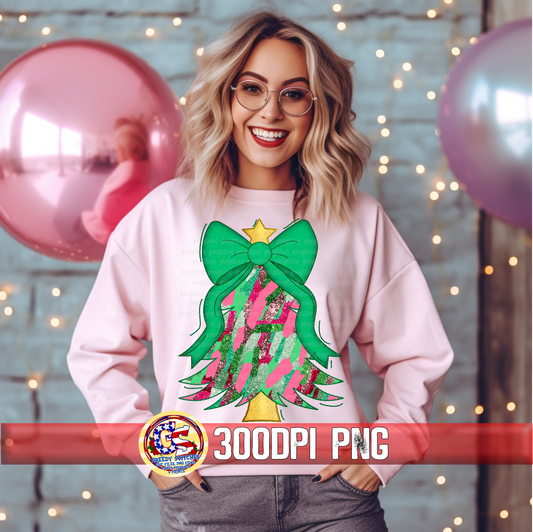 Pink Green Christmas Tree with Bow PNG