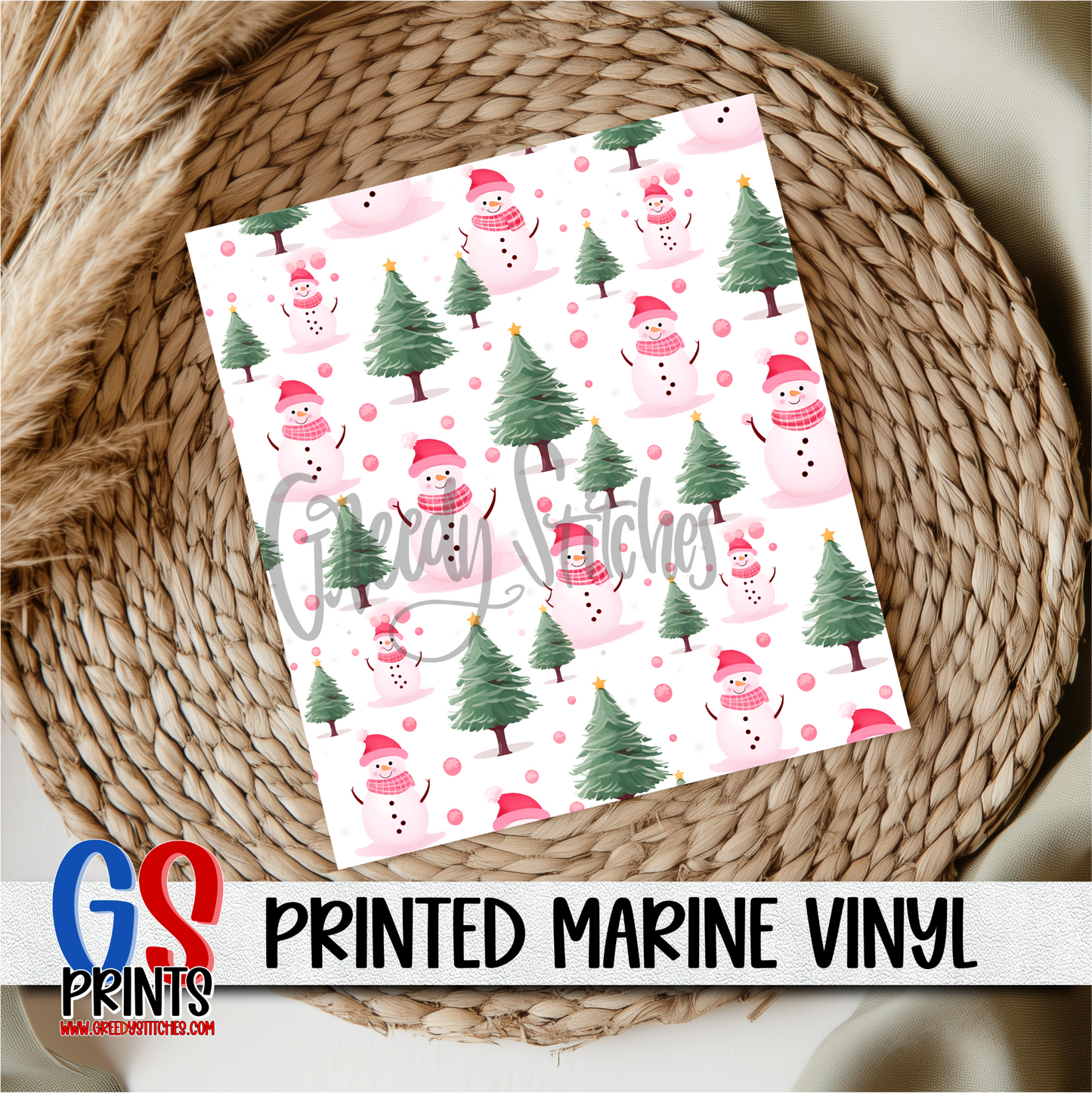 Pink Snowman Pine Trees Marine Vinyl