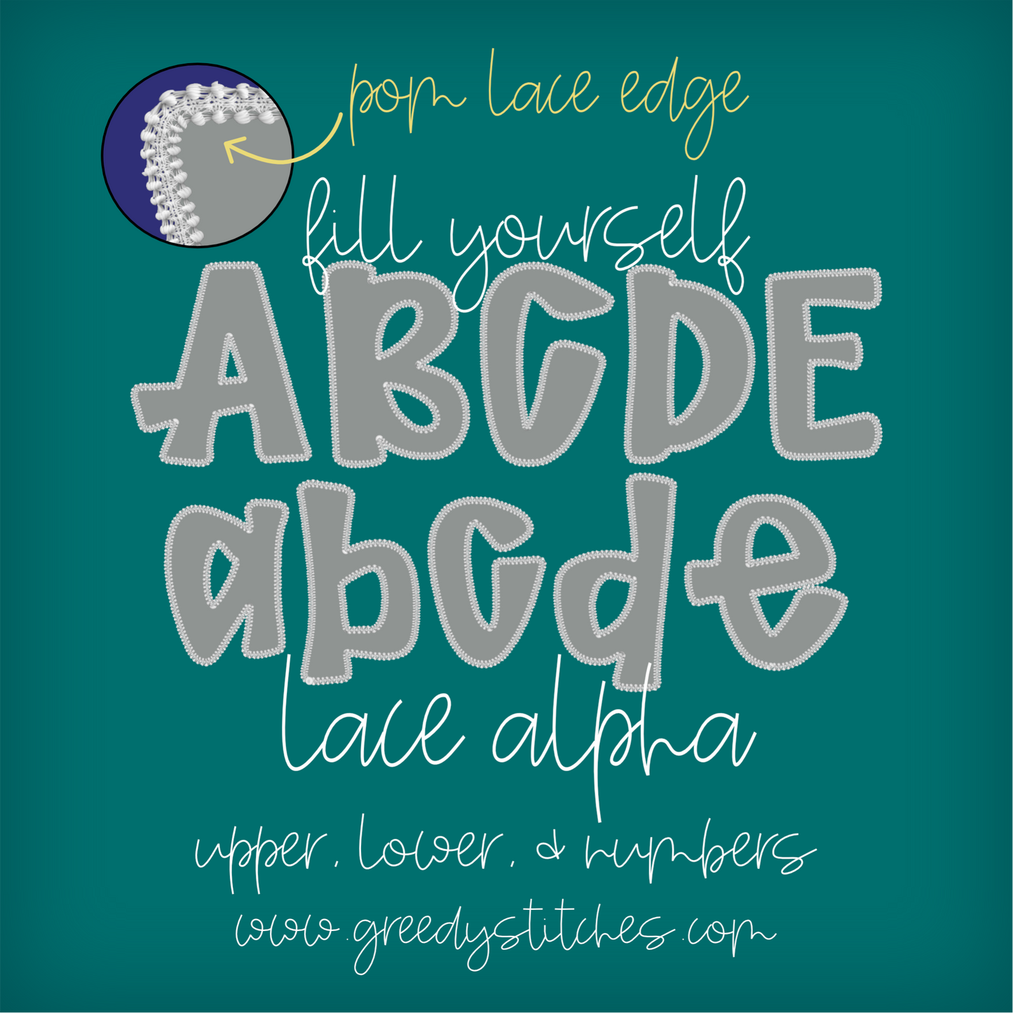DIY Faux Lace Alpha & Number Pack PNG - Pom Lace Version
