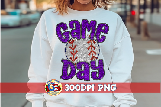Baseball Game Day Purple Faux Embroidery Sequins PNG