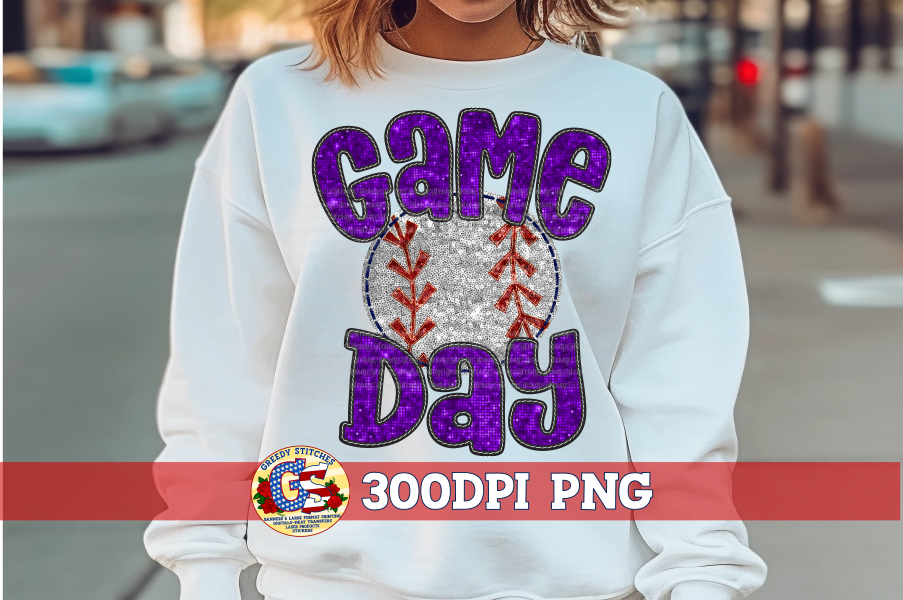 Baseball Game Day Purple Faux Embroidery Sequins PNG