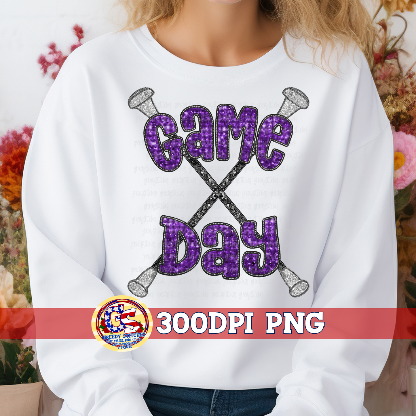 Purple Game Day Batons Faux Embroidery Sequins PNG