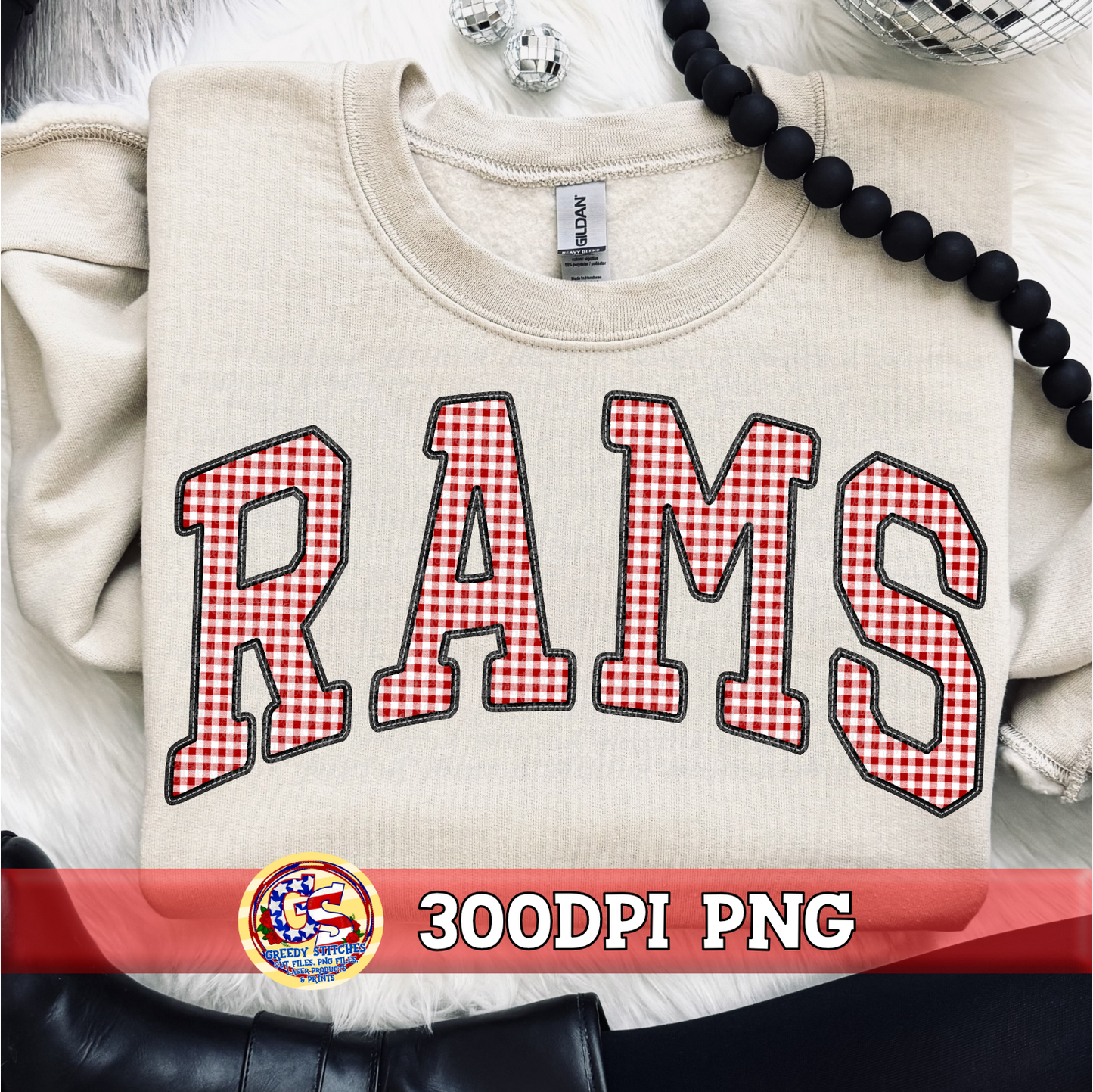 Rams Gingham Faux Embroidery PNG - Maroon Black