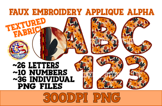 Fall Floral Fabric Faux Embroidery Alpha & Number PNG Set