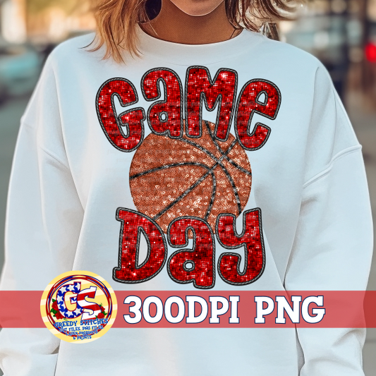 Basketball Game Day Red Faux Embroidery Sequins PNG