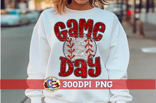 Baseball Game Day Red Faux Embroidery Sequins PNG
