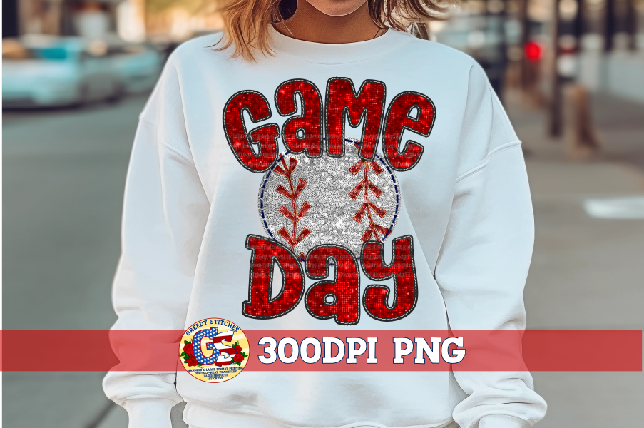 Baseball Game Day Red Faux Embroidery Sequins PNG