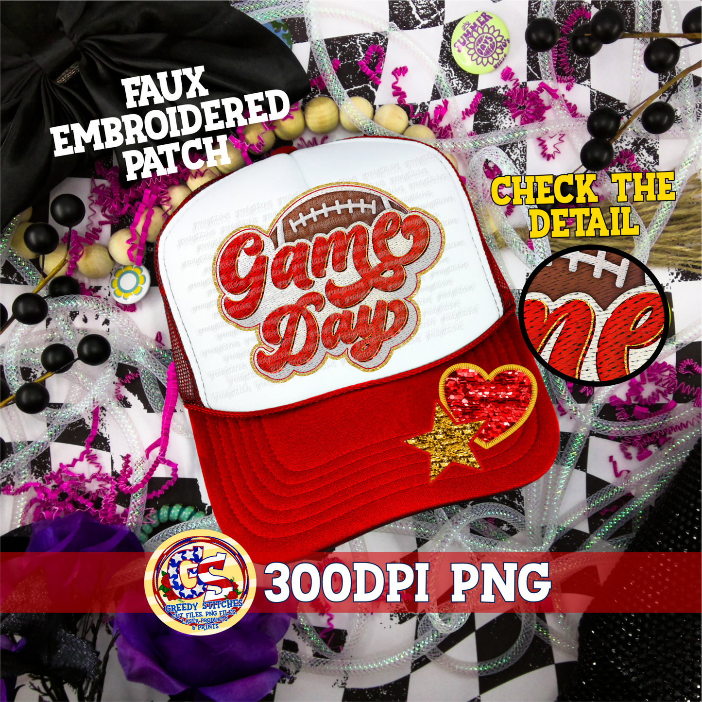 Football Game Day Red Gold PNG - Faux Embroidered Patch Trucker Hats PNG