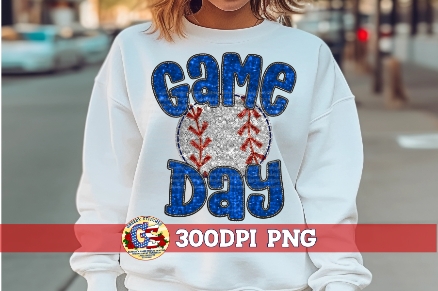 Baseball Game Day Royal Blue Faux Embroidery Sequins PNG