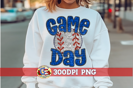 Baseball Game Day Royal Blue Faux Embroidery Sequins PNG