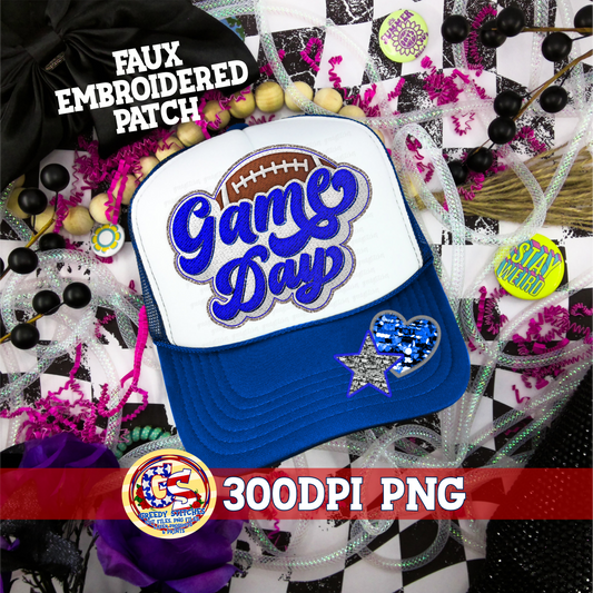 Football Game Day Royal Grey PNG - Faux Embroidered Patch Trucker Hats PNG