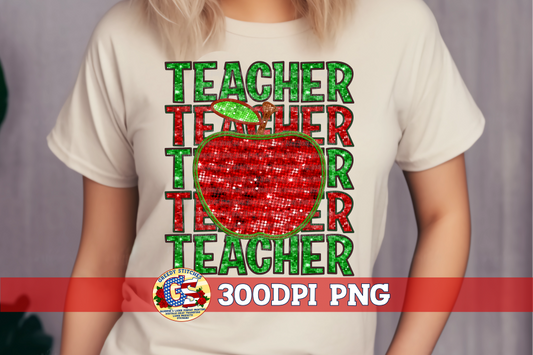 Faux Embroidered Sequin Teacher and Apple PNG for Sublimation