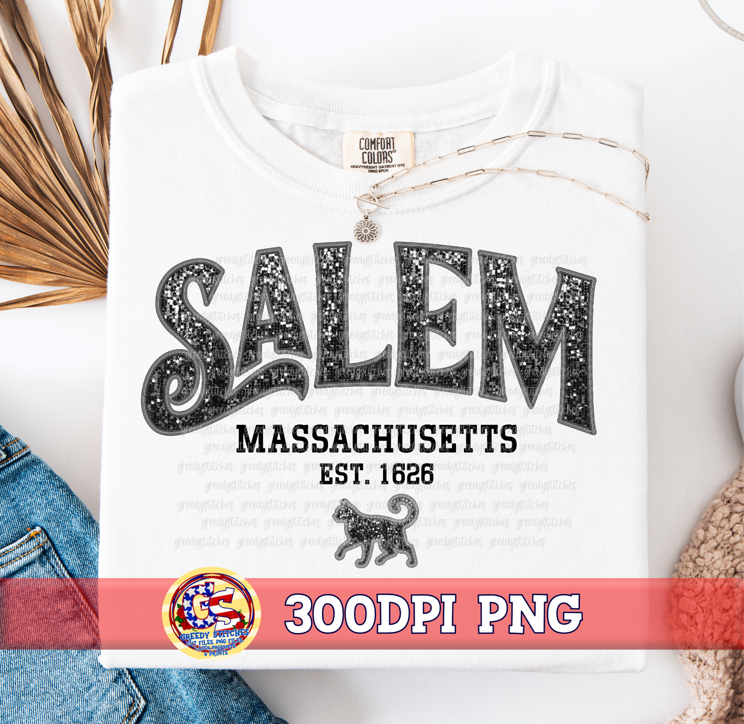 Salem Massachusetts PNG Black - Faux Embroidery Sequins Halloween