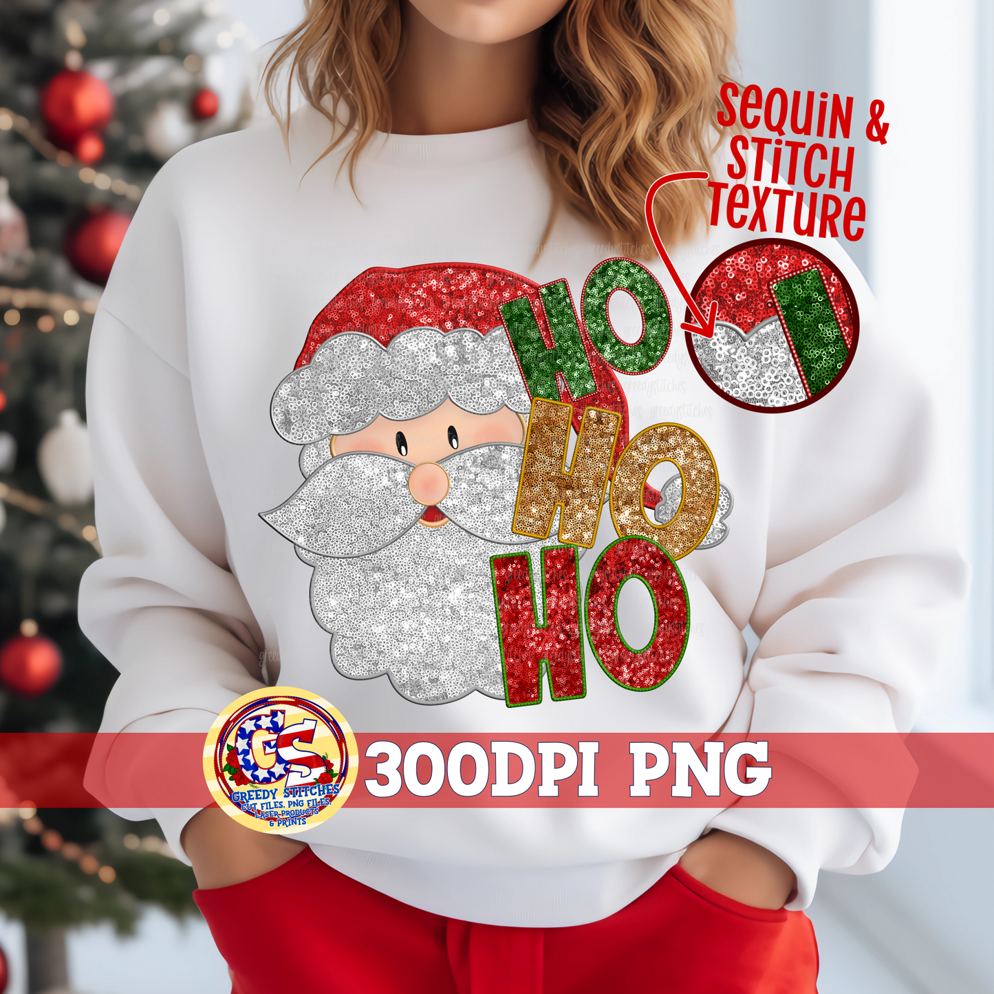 Santa Ho Ho Ho Faux Embroidery Sequins PNG