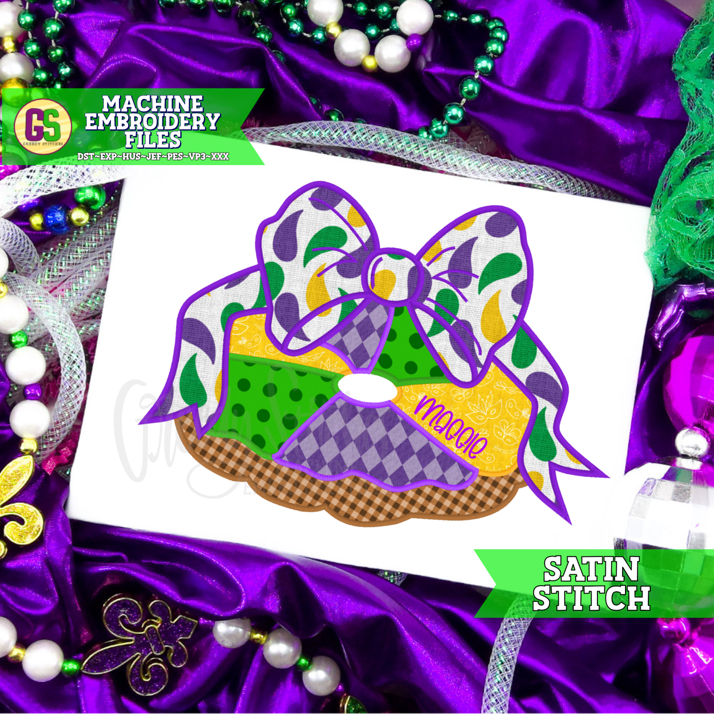 King Cake with Bow Satin Stitch Applique Machine Embroidery Design