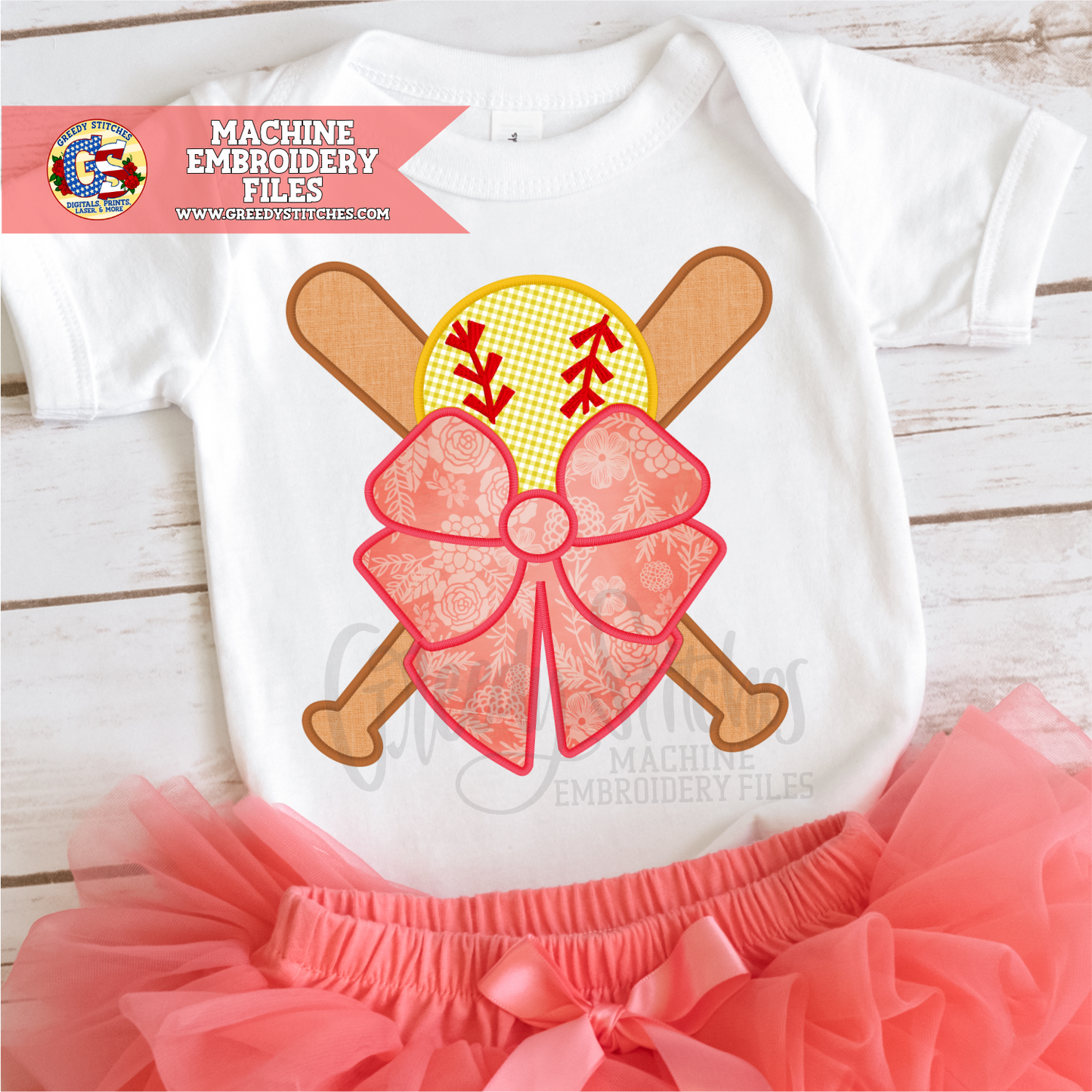 Softball Baseball Coquette Bow Satin Stitch Applique Machine Embroidery Design