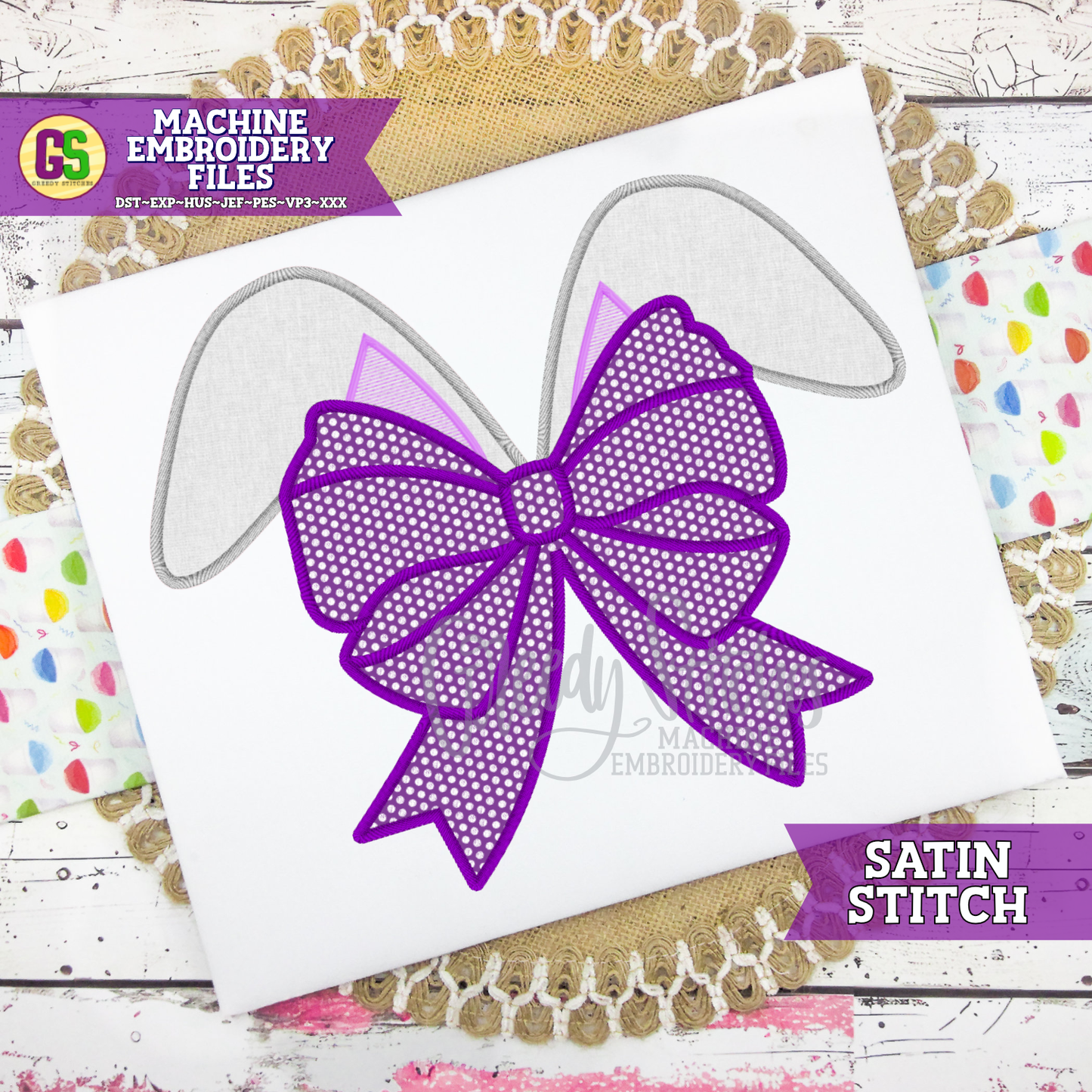 Bunny Ears with Bow Satin Stitch Machine Embroidery Design