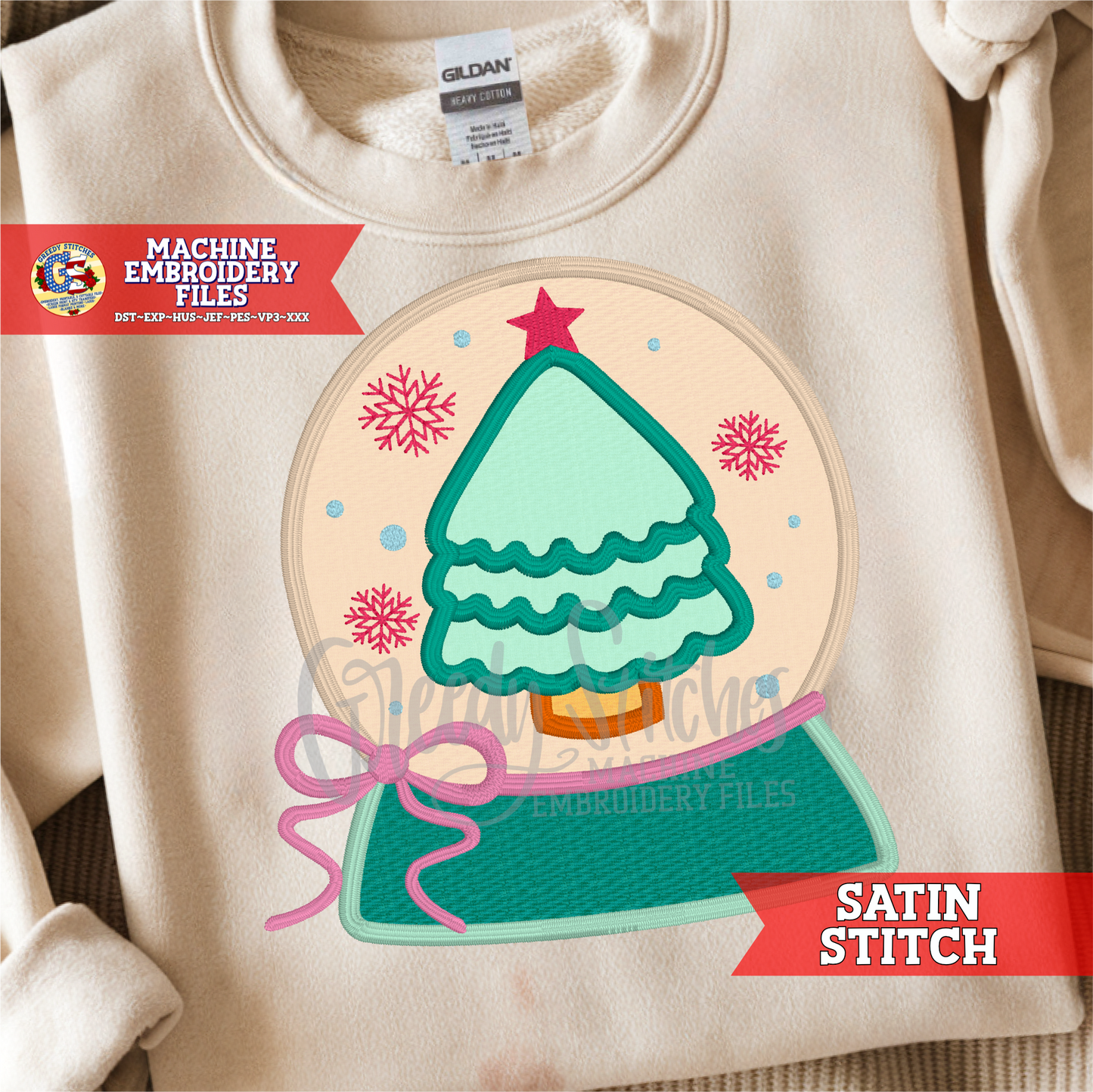 Christmas Tree Snow Globe Satin Stitch Applique Machine Embroidery Design