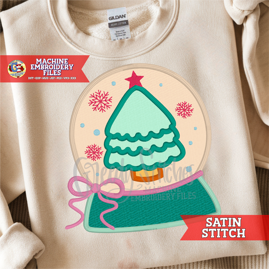 Christmas Tree Snow Globe Satin Stitch Applique Machine Embroidery Design