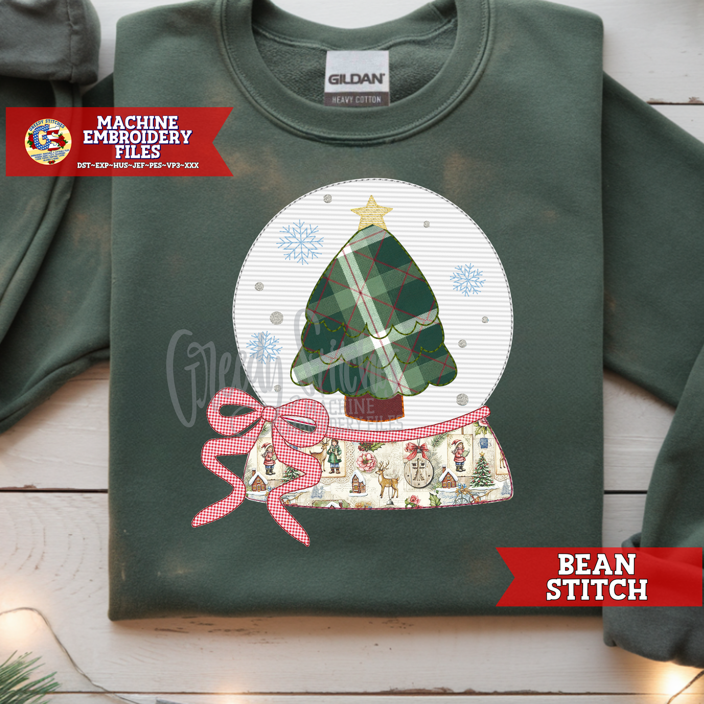 Christmas Tree Snow Globe Bean Stitch Applique Machine Embroidery Design