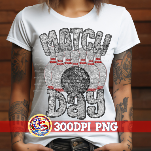 Bowling Match Day Silver Faux Embroidery Sequins PNG for Sublimation