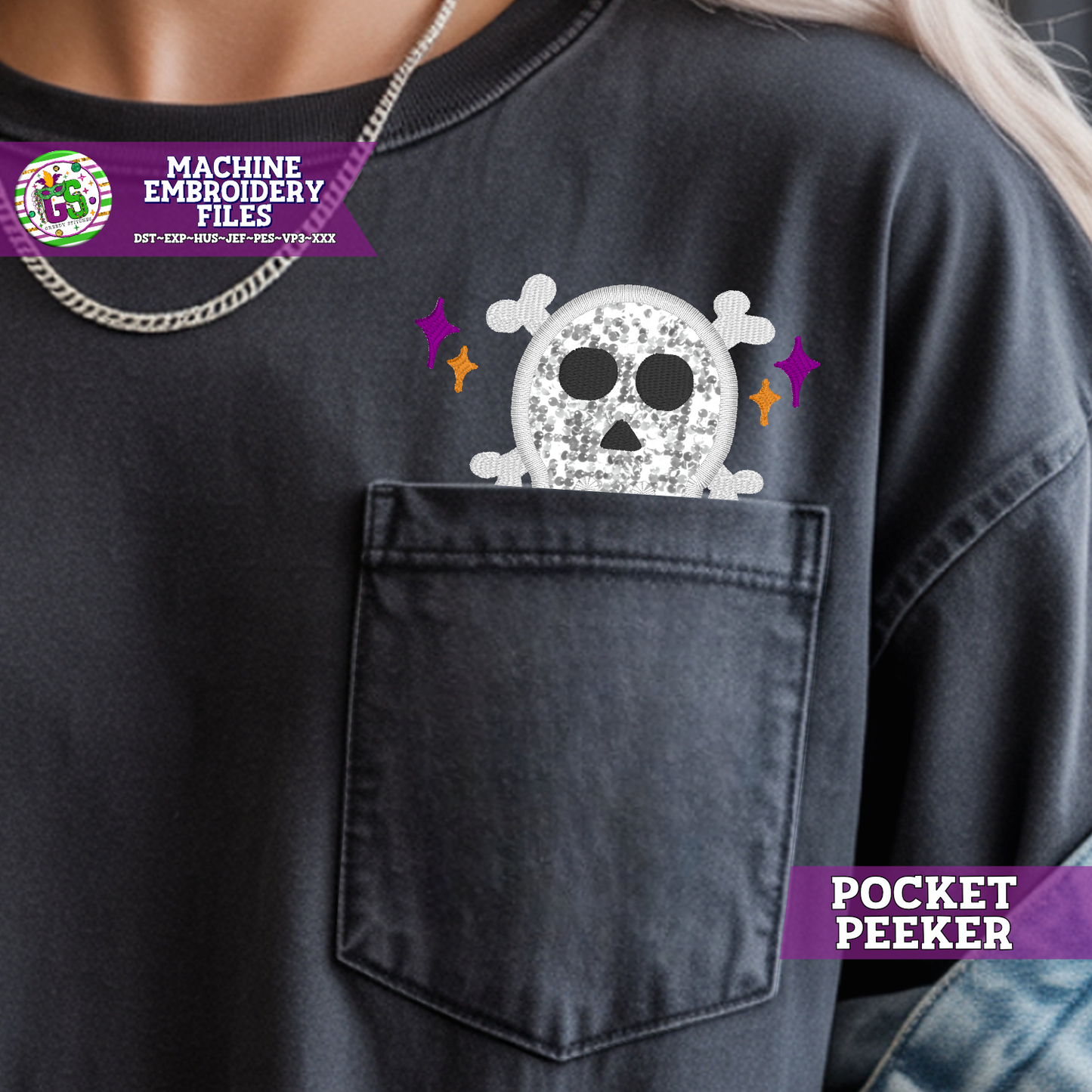 Skull and Crossbones Applique Pocket Peeker Machine Embroidery Design