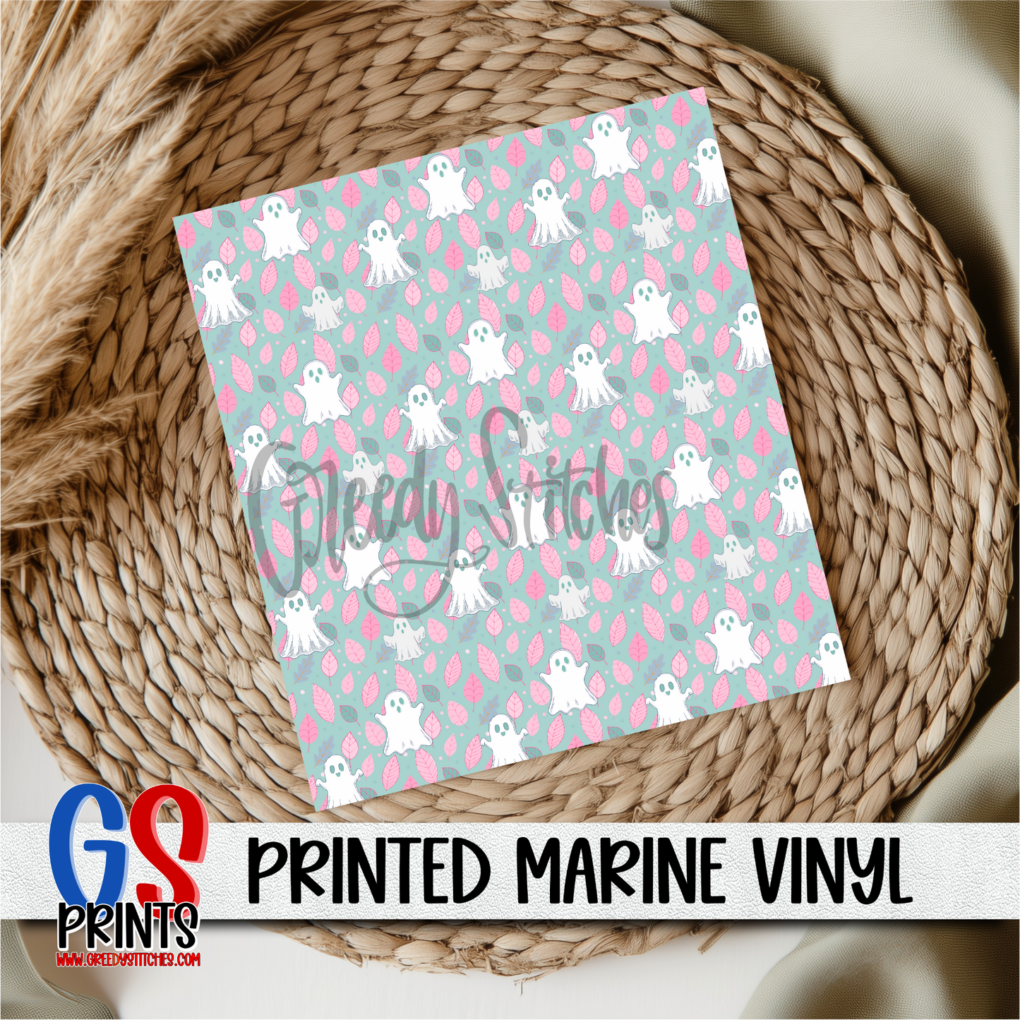 Teal Ghosts Leaves Printed Marine Vinyl
