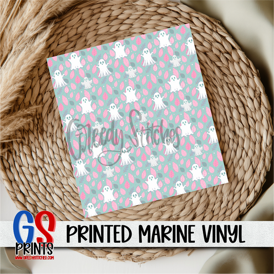 Teal Ghosts Leaves Printed Marine Vinyl