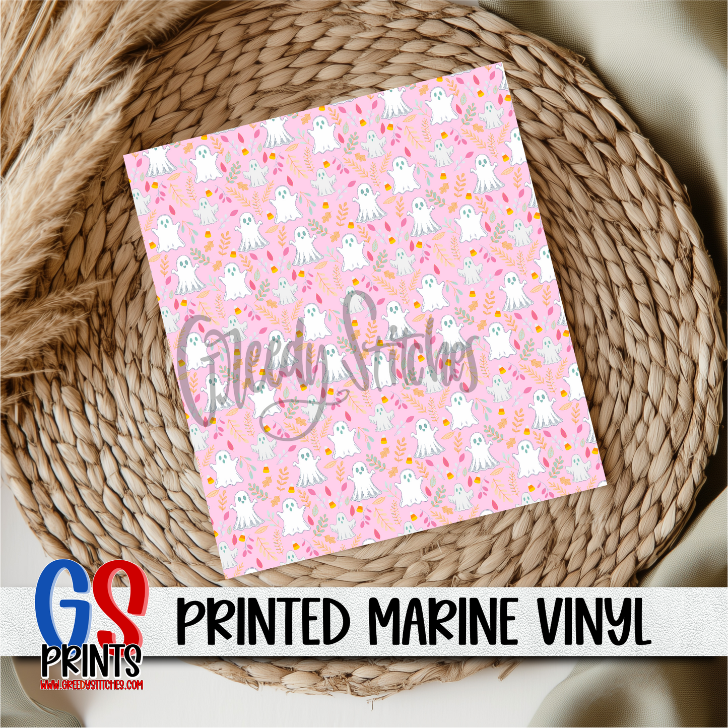 Pink Ghosts Candy Corn Printed Marine Vinyl