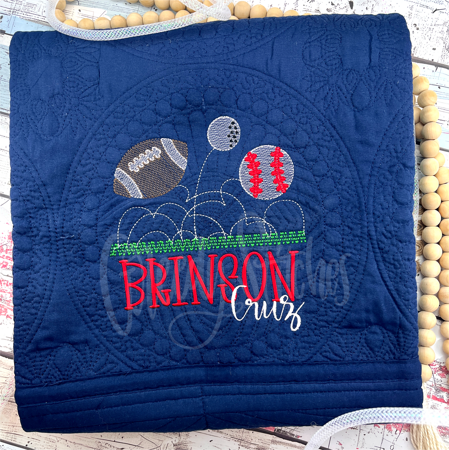 Embroidered Sports Personalized Heirloom Quilt in Navy Blue - Football, Golf, Baseball